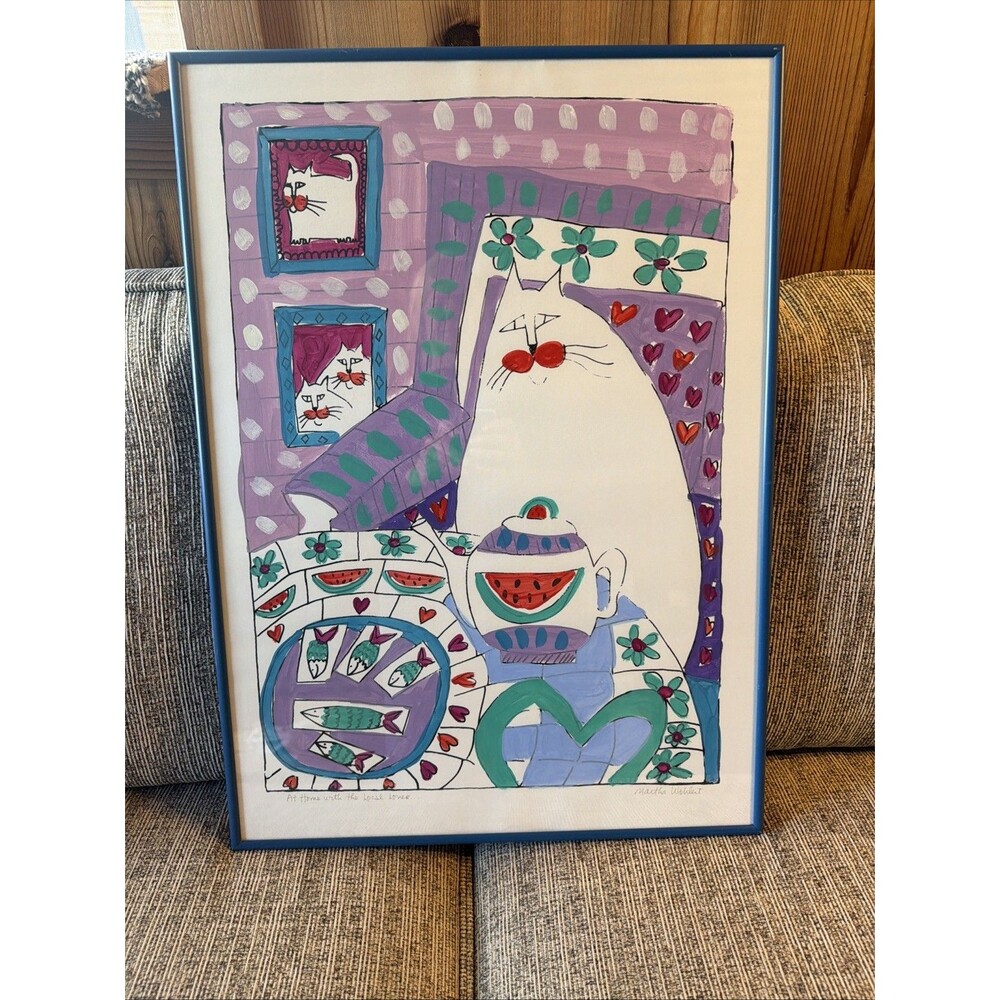Vintage MARTHA WAHLERT Hand Painted Over Paper Framed 25 X 18 Rare